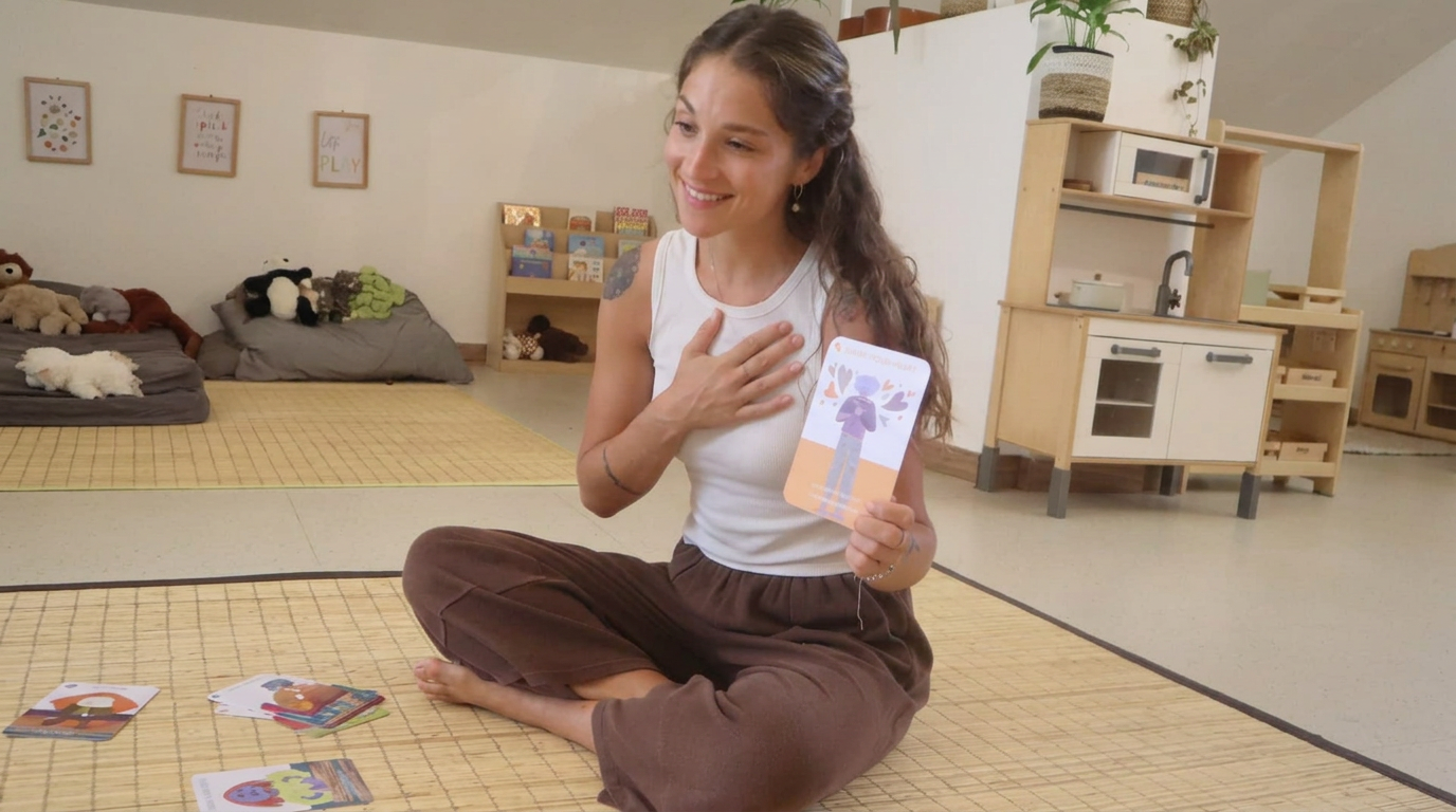 Emma seated with coaching cards in a calm playroom