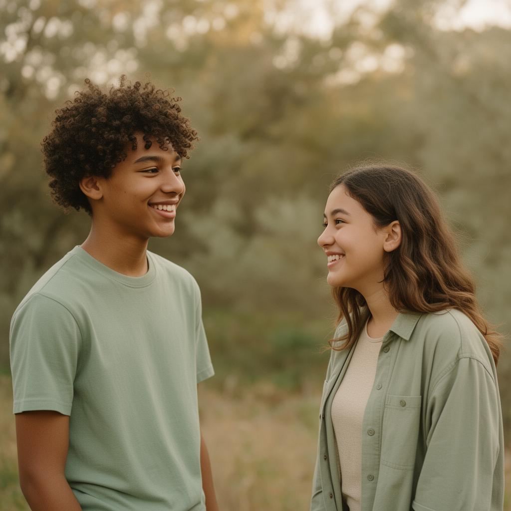 Two teenagers smiling and talking outdoors